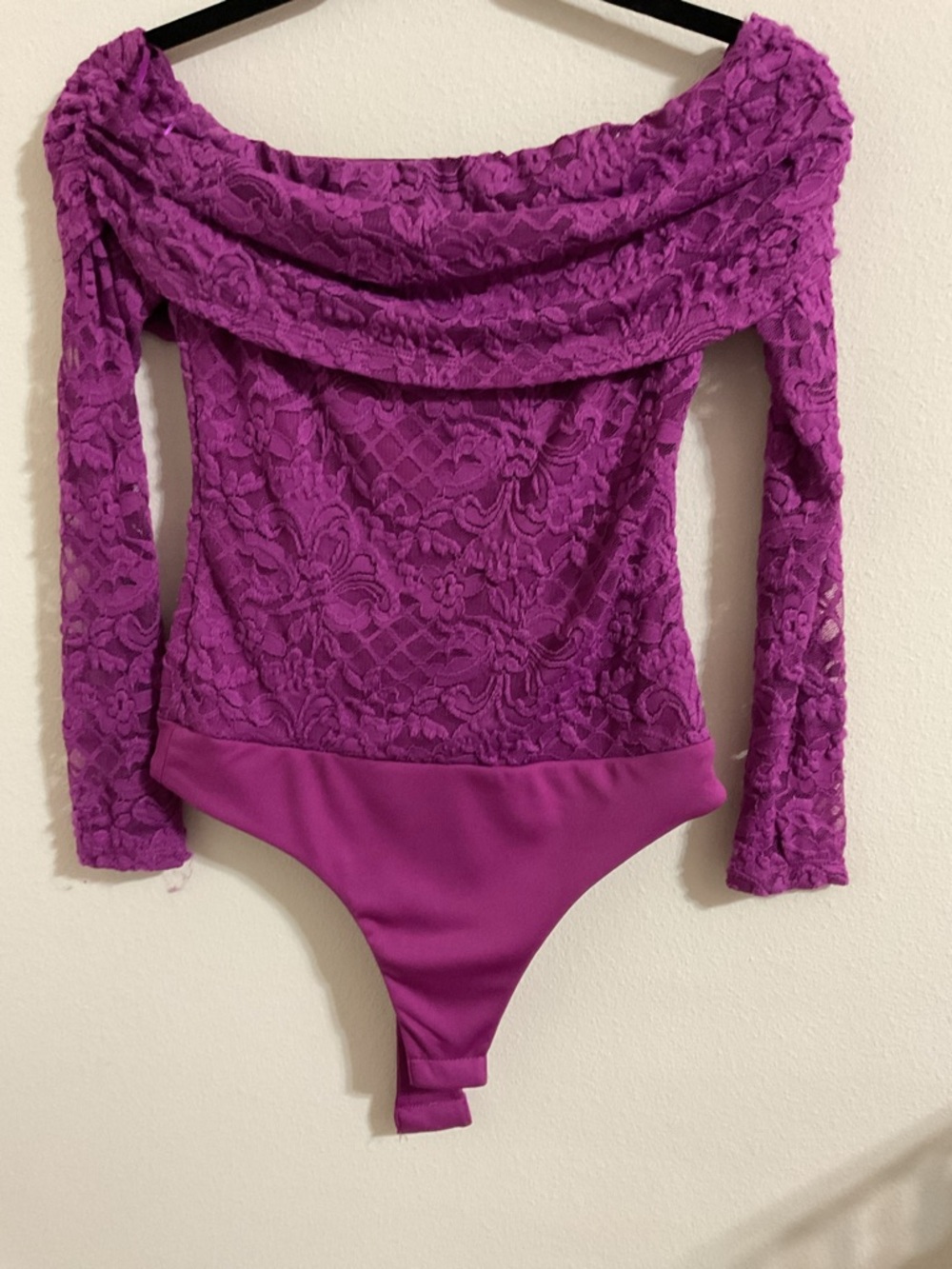 NWOT - Lennox Purple Lace Off-Shoulder Bodysuit with Fold-over Neckline, Sz XS